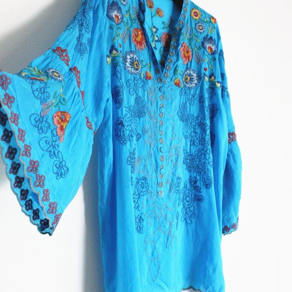 Johnny Was Maverick Floral Embroidered Rayon Blouse, Boho Chic, Size XS
